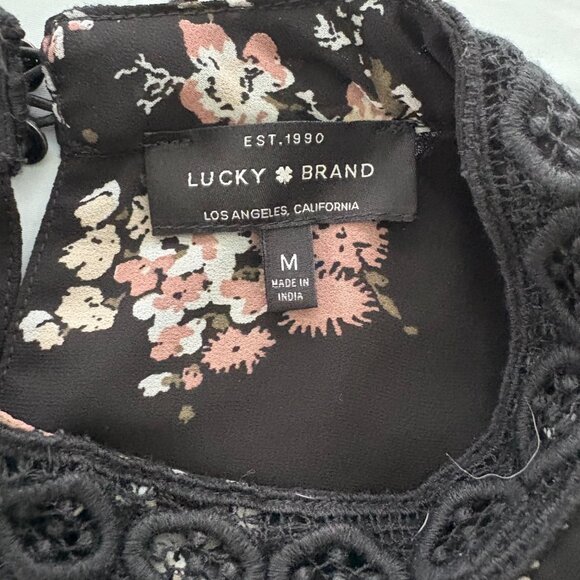 Lucky Brand Semi-Shear Blouse Black w/Pink Floral Size Medium EUC - Picture 3 of 10